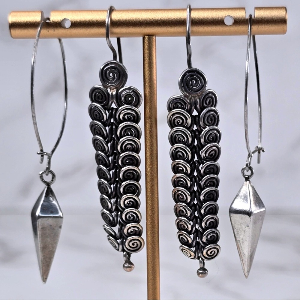 Geometric Spike Hoop & Artisan Spiral Wire Wrapped Dangle Earrings Silver Tone